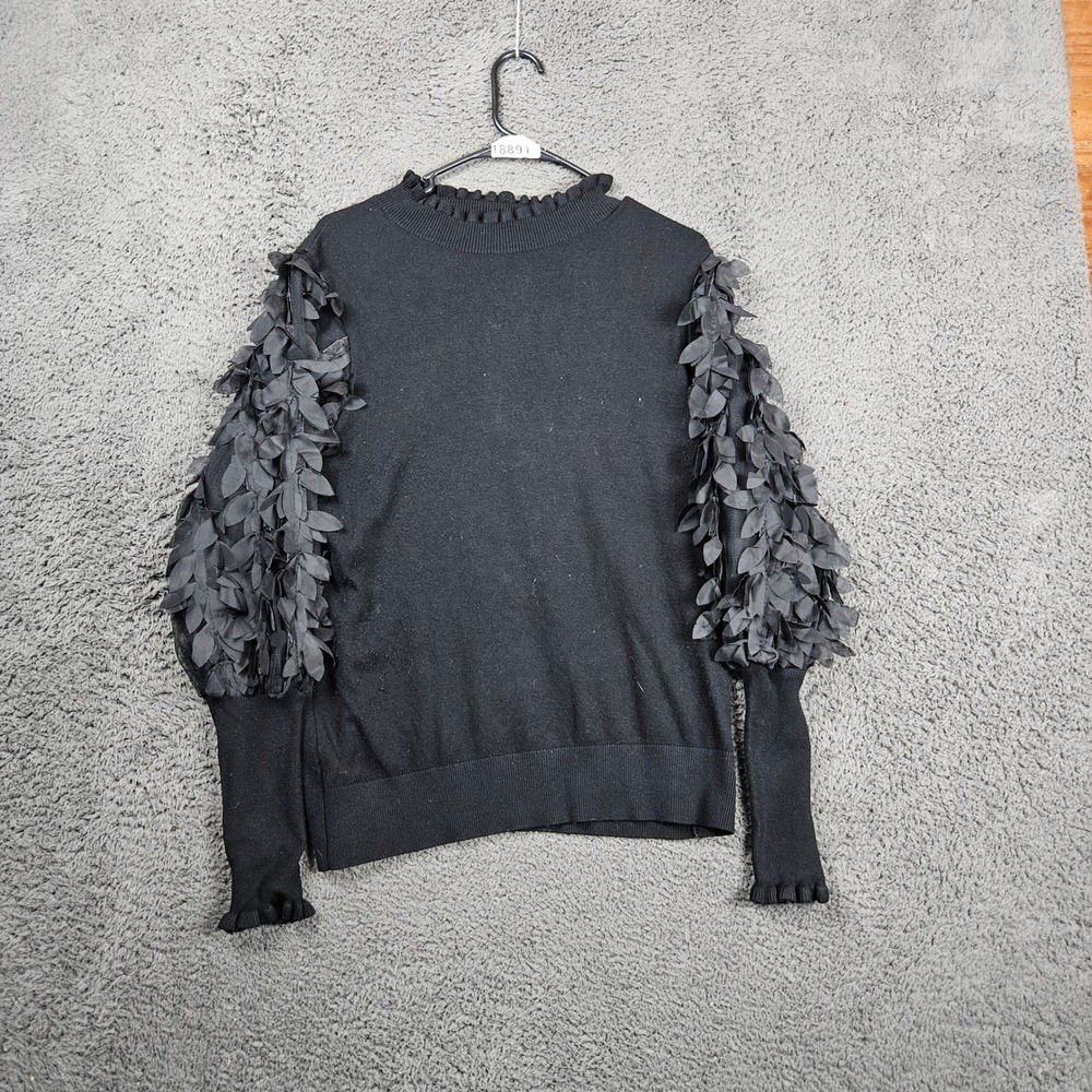 Sioni Milano Women Black Ruffled Mock Neck Leaf Sleeve‎ Sweater Size L